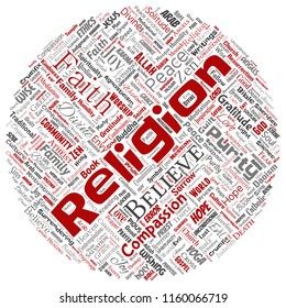 Vector conceptual religion, god, faith, spirituality round circle red  word cloud isolated background. Collage of worship, love, prayer, belief, gratitude, hope, divine, symbol, spirit, church concept