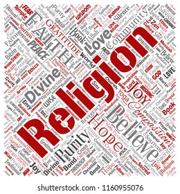 Vector conceptual religion, god, faith, spirituality square red  word cloud isolated background. Collage of worship, love, prayer, belief, gratitude, hope, divine, symbol, 