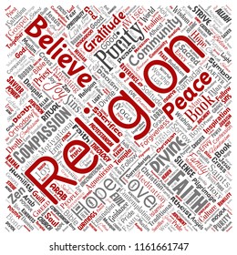 Vector conceptual religion, god, faith, spirituality square red  word cloud isolated background. Collage of worship, love, prayer, belief, gratitude, hope, divine, symbol, 