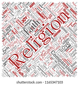 Vector conceptual religion, god, faith, spirituality square red  word cloud isolated background. Collage of worship, love, prayer, belief, gratitude, hope, divine, symbol, 
