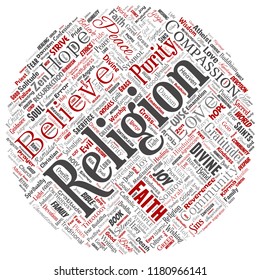 Vector conceptual religion, god, faith, spirituality round circle red  word cloud isolated background. Collage of worship, love, prayer, belief, gratitude, hope, divine, symbol, spirit, church concept