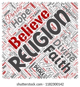 Vector conceptual religion, god, faith, spirituality square red  word cloud isolated background. Collage of worship, love, prayer, belief, gratitude, hope, divine, symbol, 