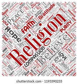 Vector conceptual religion, god, faith, spirituality square red  word cloud isolated background. Collage of worship, love, prayer, belief, gratitude, hope, divine, symbol, 