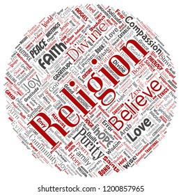 Vector conceptual religion, god, faith, spirituality round circle red  word cloud isolated background. Collage of worship, love, prayer, belief, gratitude, hope, divine, symbol, spirit, church concept