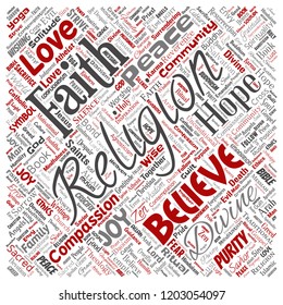 Vector conceptual religion, god, faith, spirituality square red  word cloud isolated background. Collage of worship, love, prayer, belief, gratitude, hope, divine, symbol, 