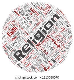 Vector conceptual religion, god, faith, spirituality round circle red  word cloud isolated background. Collage of worship, love, prayer, belief, gratitude, hope, divine, symbol, spirit, church concept