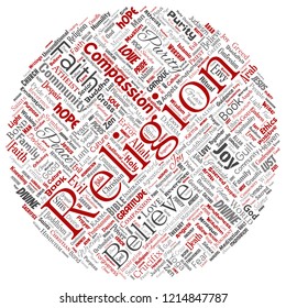Vector conceptual religion, god, faith, spirituality round circle red  word cloud isolated background. Collage of worship, love, prayer, belief, gratitude, hope, divine, symbol, spirit, church concept