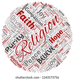 Vector conceptual religion, god, faith, spirituality round circle red  word cloud isolated background. Collage of worship, love, prayer, belief, gratitude, hope, divine, symbol, spirit, church concept