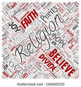 Vector conceptual religion, god, faith, spirituality square red  word cloud isolated background. Collage of worship, love, prayer, belief, gratitude, hope, divine, symbol, 