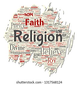 Vector conceptual religion, god, faith, spirituality old torn paper  word cloud isolated background. Collage of worship, love, prayer, belief, gratitude, hope, divine, symbol, spirit, church concept