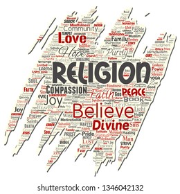 Vector conceptual religion, god, faith, spirituality old torn paper  word cloud isolated background. Collage of worship, love, prayer, belief, gratitude, hope, divine, symbol, spirit, church concept