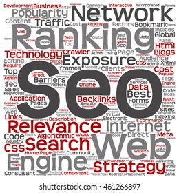 Vector conceptual search engine optimization, seo abstract square word cloud isolated on background metaphor to marketing, web, internet, strategy, online, rank, result,  network, top, relevance