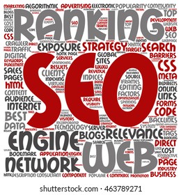 Vector conceptual search engine optimization, seo abstract square word cloud isolated on background metaphor to marketing, web, internet, strategy, online, rank, result,  network, top, relevance