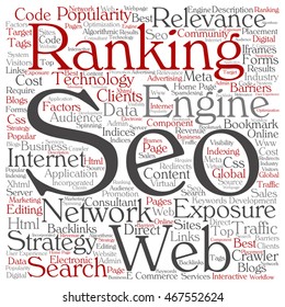 Vector conceptual search engine optimization, seo abstract square word cloud isolated on background metaphor to marketing, web, internet, strategy, online, rank, result,  network, top, relevance