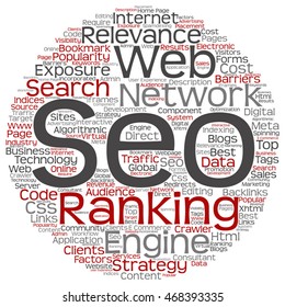 Vector conceptual search engine optimization, seo abstract round word cloud isolated on background metaphor to marketing, web, internet, strategy, online, rank, result,  network, top, relevance