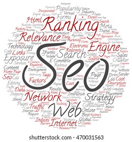 Vector conceptual search engine optimization, seo abstract round word cloud isolated on background metaphor to marketing, web, internet, strategy, online, rank, result,  network, top, relevance