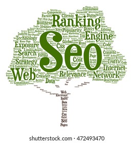 Vector conceptual search engine optimization, seo abstract tree  word cloud isolated on background metaphor to marketing, web, internet, strategy, online, rank, result,  network, top, relevance