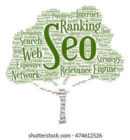 Vector conceptual search engine optimization, seo abstract tree  word cloud isolated on background metaphor to marketing, web, internet, strategy, online, rank, result,  network, top, relevance