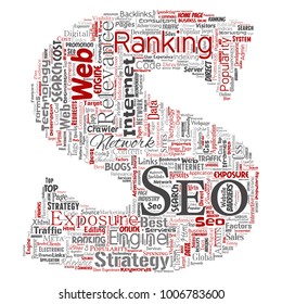 Vector conceptual search results engine optimization top rank seo letter font S online internet word cloud text isolated on background. Marketing strategy web page content relevance network concept