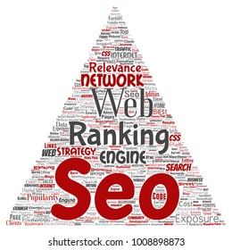 Vector conceptual search results engine optimization top rank seo triangle arrow online internet word cloud text isolated on background. Marketing strategy web page content relevance network concept