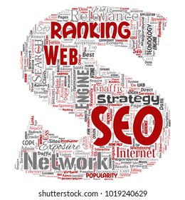 Vector conceptual search results engine optimization top rank seo letter font S online internet word cloud text isolated on background. Marketing strategy web page content relevance network concept