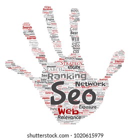 Vector conceptual search results engine optimization top rank seo hand print stamp online internet word cloud text isolated on background. Marketing strategy web page content relevance network concept