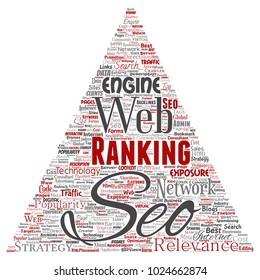 Vector conceptual search results engine optimization top rank seo triangle arrow online internet word cloud text isolated on background. Marketing strategy web page content relevance network concept
