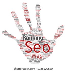 Vector conceptual search results engine optimization top rank seo hand print stamp online internet word cloud text isolated on background. Marketing strategy web page content relevance network concept
