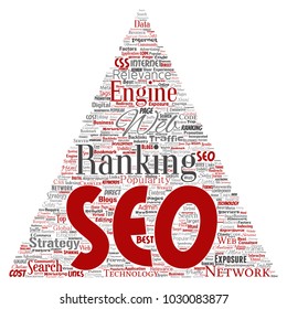 Vector conceptual search results engine optimization top rank seo triangle arrow online internet word cloud text isolated on background. Marketing strategy web page content relevance network concept
