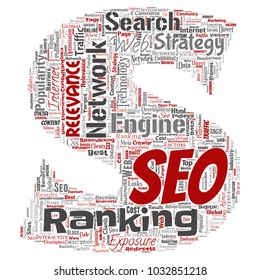 Vector conceptual search results engine optimization top rank seo letter font S online internet word cloud text isolated on background. Marketing strategy web page content relevance network concept