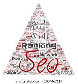 Vector conceptual search results engine optimization top rank seo triangle arrow online internet word cloud text isolated on background. Marketing strategy web page content relevance network concept