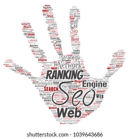 Vector conceptual search results engine optimization top rank seo hand print stamp online internet word cloud text isolated on background. Marketing strategy web page content relevance network concept