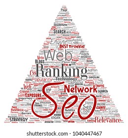 Vector conceptual search results engine optimization top rank seo triangle arrow online internet word cloud text isolated on background. Marketing strategy web page content relevance network concept