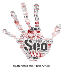 Vector conceptual search results engine optimization top rank seo letter font S online internet word cloud text isolated on background. Marketing strategy web page content relevance network concept