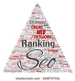 Vector conceptual search results engine optimization top rank seo triangle arrow online internet word cloud text isolated on background. Marketing strategy web page content relevance network concept