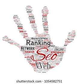 Vector conceptual search results engine optimization top rank seo hand print stamp online internet word cloud text isolated on background. Marketing strategy web page content relevance network concept