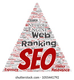 Vector conceptual search results engine optimization top rank seo triangle arrow online internet word cloud text isolated on background. Marketing strategy web page content relevance network concept