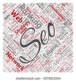 Vector conceptual search results engine optimization top rank seo square red online internet word cloud text isolated on background. Marketing strategy web page content relevance network concept