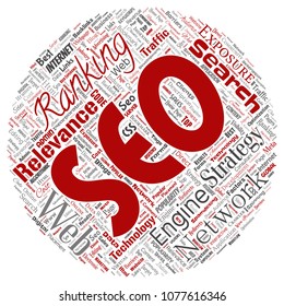 Vector conceptual search results engine optimization top rank seo round circle red online internet word cloud text isolated on background. Marketing strategy web page content relevance network concept