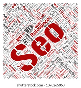 Vector conceptual search results engine optimization top rank seo square red online internet word cloud text isolated on background. Marketing strategy web page content relevance network concept