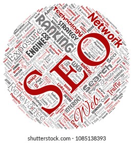 Vector conceptual search results engine optimization top rank seo round circle red online internet word cloud text isolated on background. Marketing strategy web page content relevance network concept