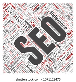 Vector conceptual search results engine optimization top rank seo square red online internet word cloud text isolated on background. Marketing strategy web page content relevance network concept