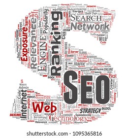 Vector conceptual search results engine optimization top rank seo letter font S online internet word cloud text isolated on background. Marketing strategy web page content relevance network concept