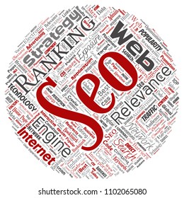 Vector conceptual search results engine optimization top rank seo round circle red online internet word cloud text isolated on background. Marketing strategy web page content relevance network concept