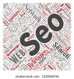 Vector conceptual search results engine optimization top rank seo square red online internet word cloud text isolated on background. Marketing strategy web page content relevance network concept
