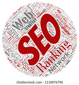 Vector conceptual search results engine optimization top rank seo round circle red online internet word cloud text isolated on background. Marketing strategy web page content relevance network concept