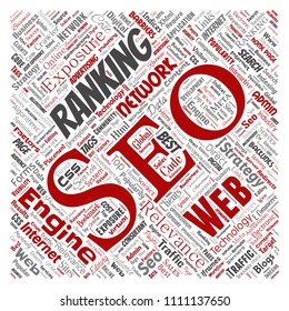 Vector conceptual search results engine optimization top rank seo square red online internet word cloud text isolated on background. Marketing strategy web page content relevance network concept