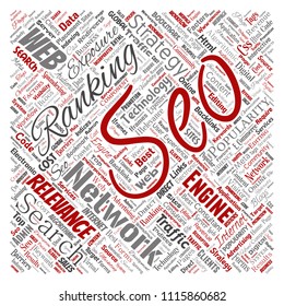 Vector conceptual search results engine optimization top rank seo square red online internet word cloud text isolated on background. Marketing strategy web page content relevance network concept
