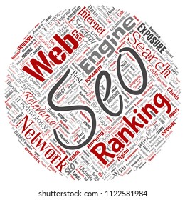 Vector conceptual search results engine optimization top rank seo round circle red online internet word cloud text isolated on background. Marketing strategy web page content relevance network concept