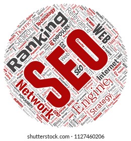 Vector conceptual search results engine optimization top rank seo round circle red online internet word cloud text isolated on background. Marketing strategy web page content relevance network concept